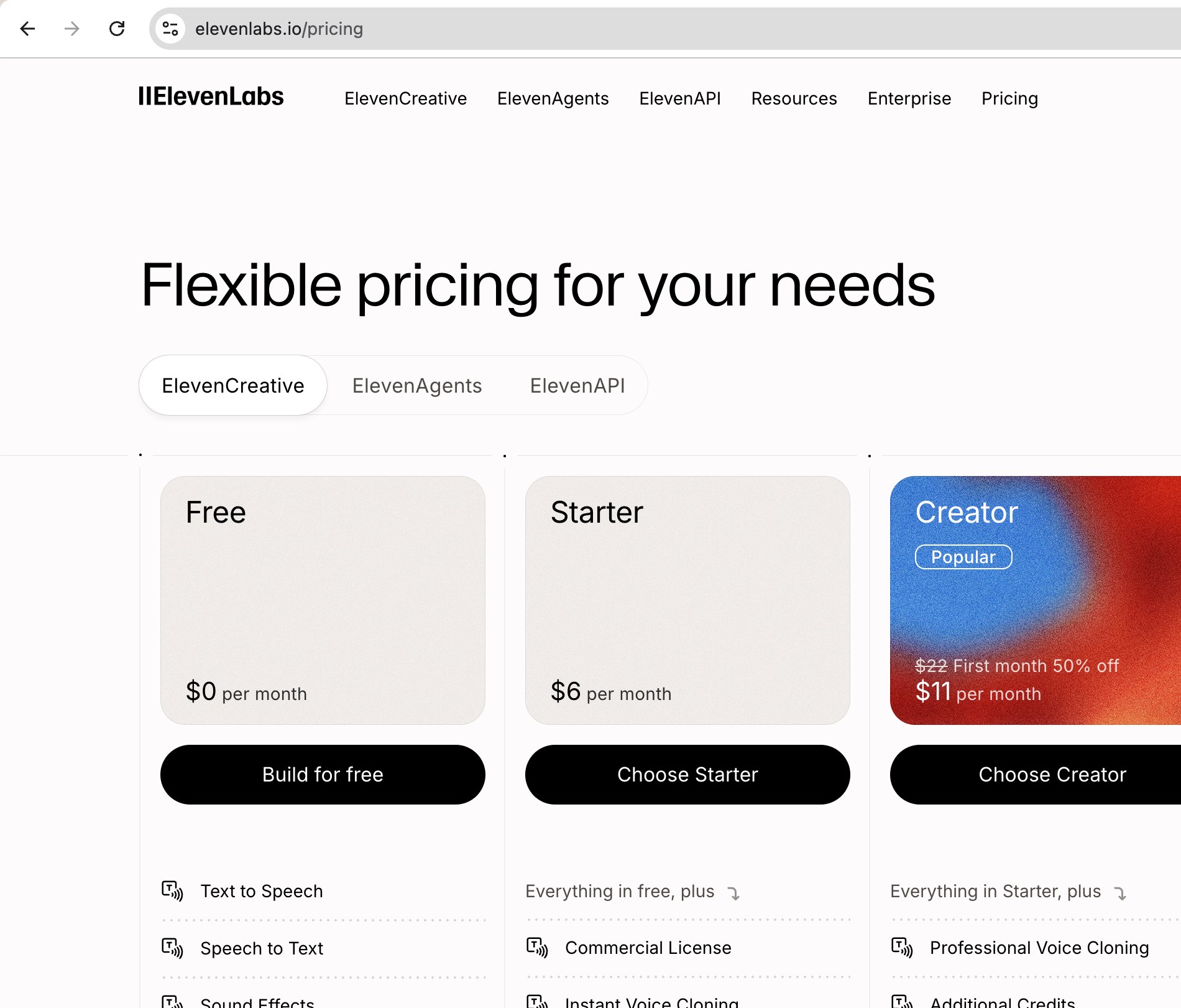 ElevenLabs pricing page showing AI voiceover costs for faceless YouTube