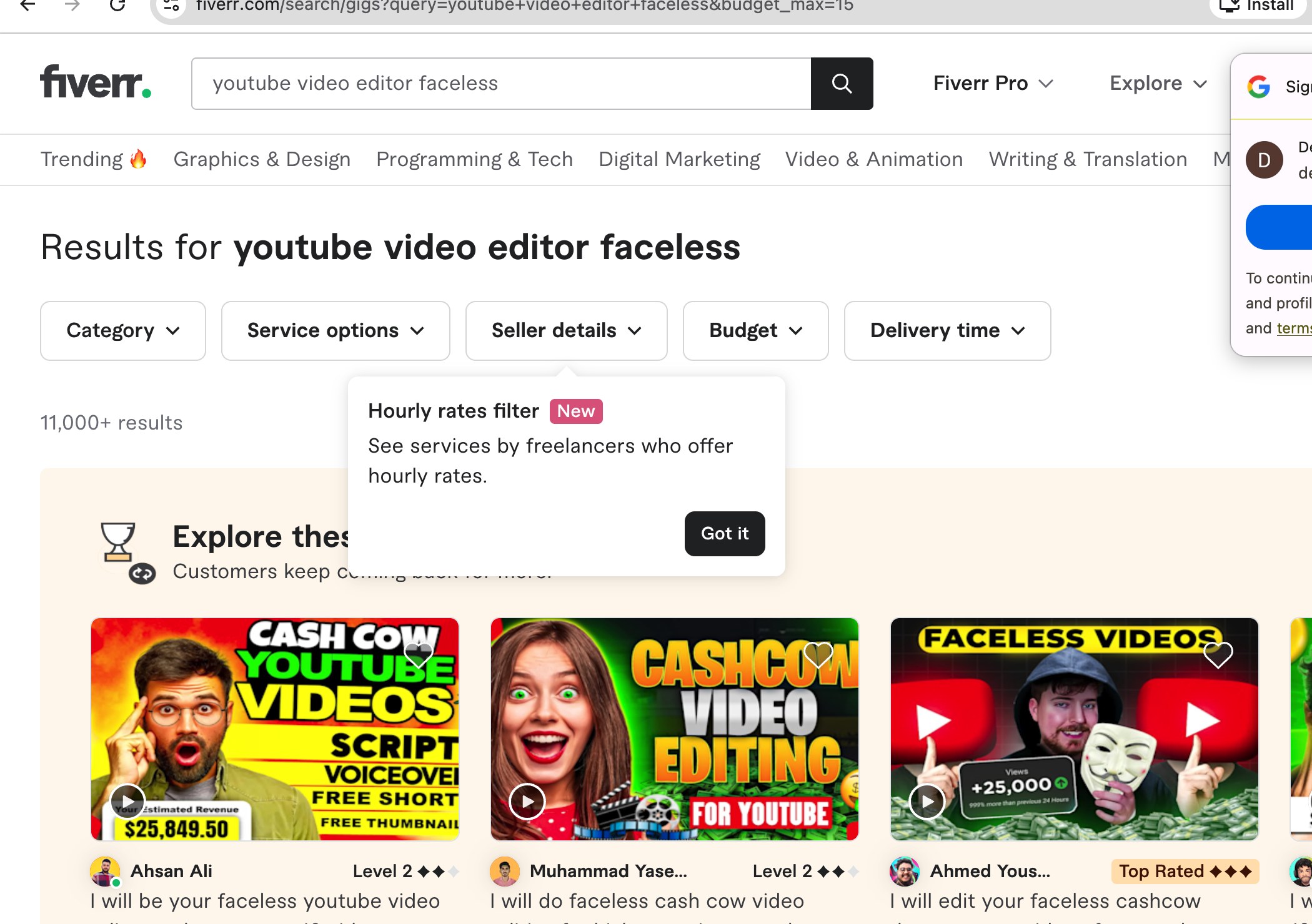 Fiverr marketplace showing $3-$8 video editors for faceless YouTube channels